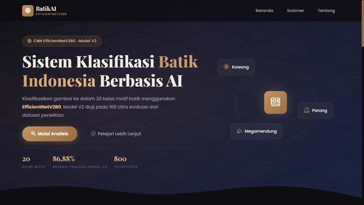 Full BatikAI landing page showing the EfficientNetV2B0 classifier