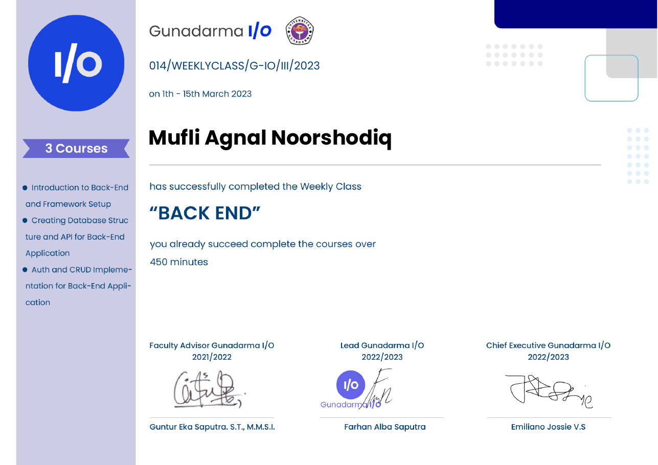 Back End Weekly Class certificate