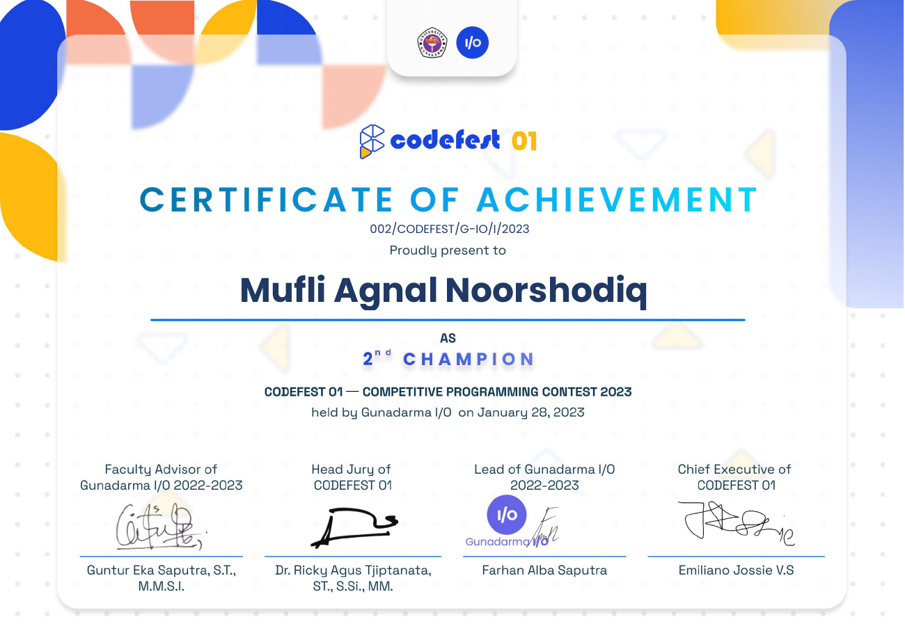 2nd Champion — Codefest 01 certificate